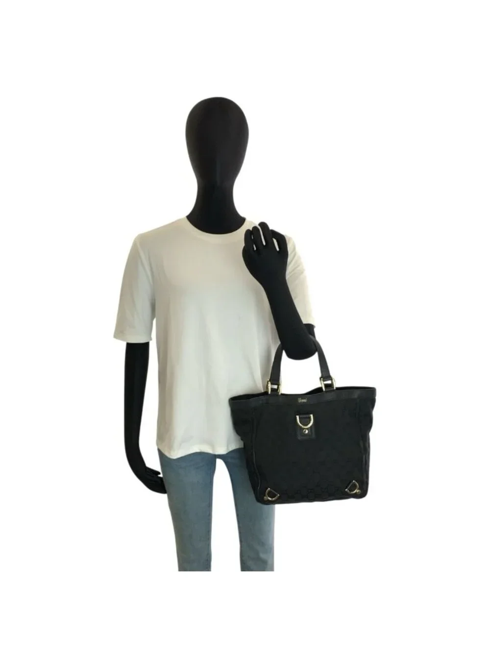 Gucci Abbey Black Gold GG Canvas Leather Tote